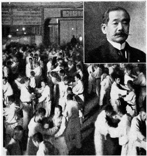 Above: This photo combination was printed in Clarke's book, "Japan at First Hand." The caption reads: "Judo class at practice before dawn in winter time."