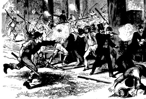 Detail from Frank Leslie's Illustrated Magazine, July 12, 1870, depicting a riot in Manhattan between Irish Catholic and Protestant Immigrants