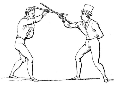 Illustration of Shillelagh technique, from Donald Walker's "Defensive Exercises", London: Thomas Hurst, 1840.