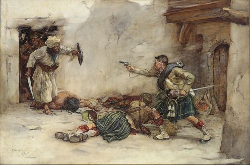 Scene from the Second Afghan War: Drummer James Roddick of the 92nd Gordon Highlanders, defending Lieutenant Menzies during hand-to-hand fighting in Kandahar, 1880. by William Skeoch Cumming.
