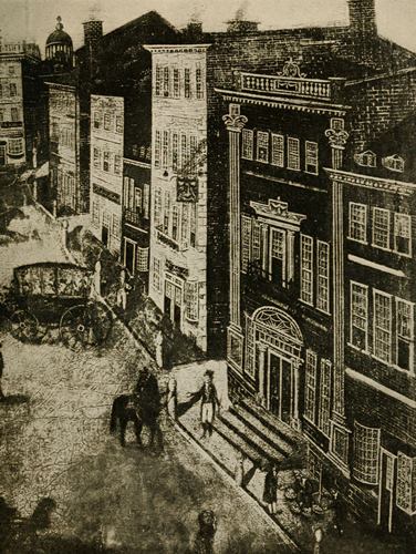The Royal Exchange Tavern (white building at center) on State Street, where Hewes taught cane fencing three days per week
